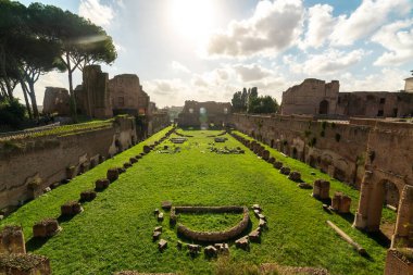 Parlak bir gökyüzünün altında yemyeşil çimlerle çevrili antik Roma harabelerinin çarpıcı manzarası. Tarihi ve seyahat projeleri için ideal.