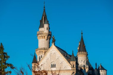 Neuschwanstein Şatosu 'nun büyüleyici mimarisi hayret verici kulesi ve dingin arka planıyla.