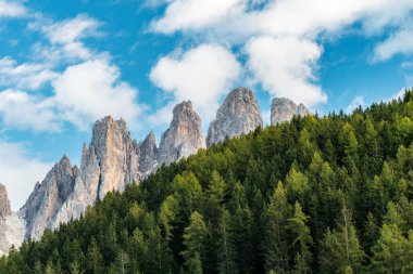 Dolomitlerdeki Santa Maddalena 'nın göz kamaştırıcı güzelliğini keşfedin, parlak mavi gökyüzünün altındaki yüksek tepeler ve yoğun ormanlar.