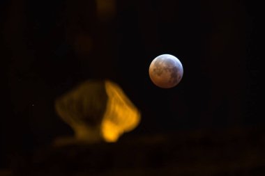Valencia, İspanya 'da gece gökyüzünü aydınlatan ay tutulmasının güzelliğini yakala. Doğa ve şehir manzarasının mükemmel bir karışımı..