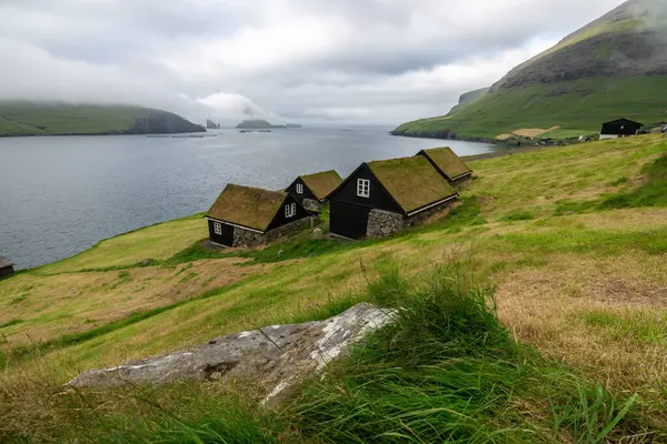 Faroe Adaları 'nın ikonik çimen çatılı evleriyle sakin deniz manzaralı güzelliğini keşfedin..