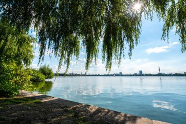 Hamburg 'da sakin bir yaz sahnesinin tadını çıkarın. Bereketli yeşillik ve sakin sular gökyüzünü yansıtıyor..