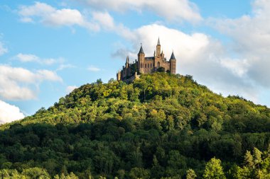 Almanya 'nın canlı yeşillikleri arasında, tarihi güzelliğin özünü yakalayan bir tepe kalesinin çarpıcı yaz manzarası..