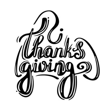 Elle çizilmiş Şükran Günü mektupları tipografi posteri. Kartpostal tasarımı, logo etkinlik rozeti, akşam yemeği ya da parti davetiyesi. Klasik sonbahar el yazısı. Siyah tipografik vektör çizimi.