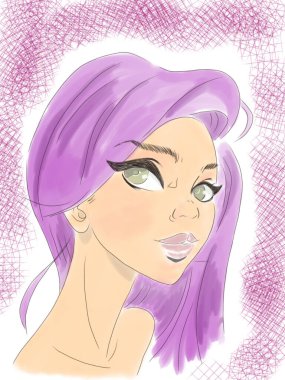 Pembe tonlu hayali bir kızın dijital çizimi. Tasarım için dijital illüstrasyon