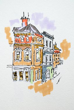 Kalem ve kalemlerle çizilmiş bir şehir çizimi. Suluboya kağıdındaki renk çizimi