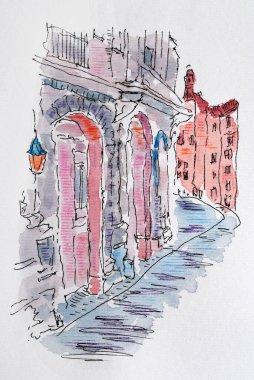 Ev çizimi kalas ve suluboya ile yapıldı. Suluboya kağıdındaki renk çizimi