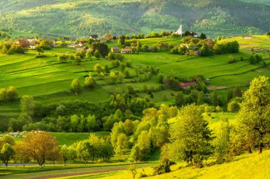 Slovakya 'nın Hrinova kenti yakınlarındaki Slovak Ore Dağları bölgesinde yeşil çayırlar ve ağaçların üzerinde renkli bir gün doğumu. Fatima Hanımı Kilisesi 'nin sağ üst köşesinde. Yüksek kalite fotoğraf