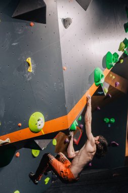 Güzel şişirilmiş vücudu olan genç, atletik bir adam tırmanma salonundaki kayaya tırmanıyor. Yüzünde duygular var. Yüksek kalite fotoğraf