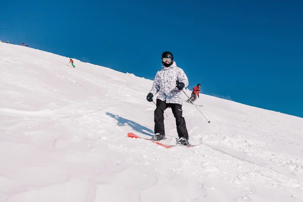 Karpaty Ukraine Februar 2023 Skifahrer Und Snowboarder Freeriden Bei Klarem — Stockfoto