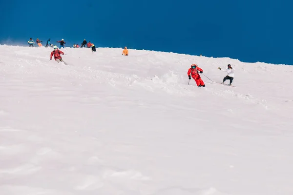 Καρπάτι Ουκρανία Φεβρουαρίου 2023 Σκιέρ Και Snowboarders Freeride Σαφή Ηλιόλουστο — Φωτογραφία Αρχείου