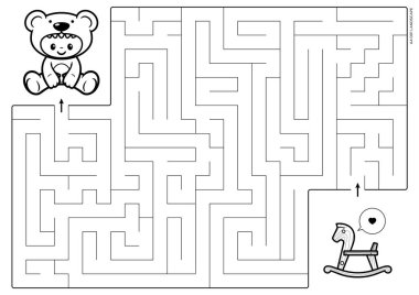 Vector black line printable maze. Format A4. Coloring book educational maze with little baby in teddy bear costume. Size landscape.