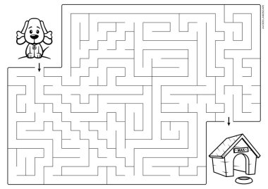 Vector black line printable maze. Format A4. Coloring book educational maze with cute cartoon a dog named Max looking for his house. Landscape size.