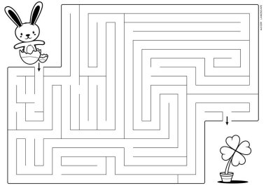 Vector black lines for maze print. A4 format. Educational maze coloring book with a cute cartoon easter bunny looking for four leaf clover. Landscape size.