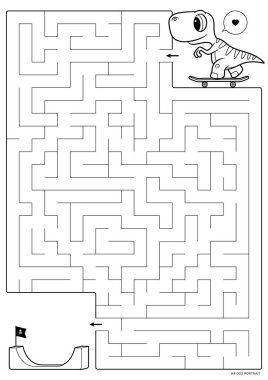 Vector black line printable maze. Format A4. Coloring book educational maze with little dinosaur on skateboard.