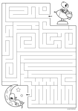 Vector black lines for maze print. A4 format. Educational maze coloring book with a cute cartoon little dinosaur who wants to fly to the moon.