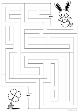 Vector black lines for maze print. A4 format. Educational maze coloring book with a cute cartoon easter bunny looking for four leaf clover.