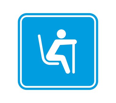 Vector blue square sign - black silhouette of an old man with a crutch. Let sit down symbol. Isolated on white background.