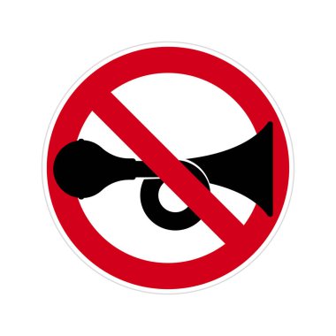 Vector circle road sign crossed out red circle with horn symbol. Isolated on white background.