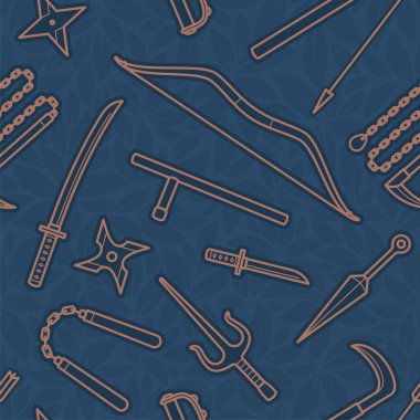 Vector seamless texture line symbols of ninja weapons. Blue background.