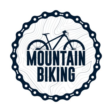 Vector dark blue simple logo circle composed of bike chain with mountain bike text.