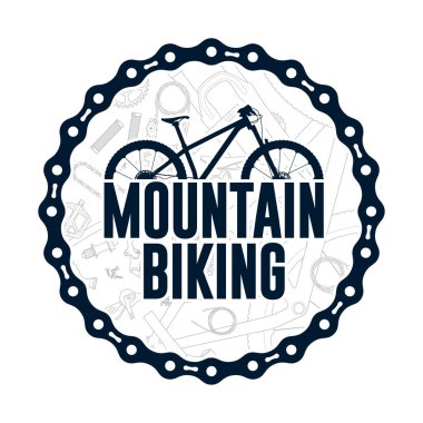 Vector dark blue simple logo circle composed of bike chain with mountain bike text.
