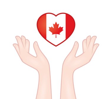 Vector hands trying to catch a heart composed Canadian flag. Isolated on white background