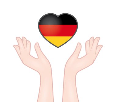 Vector hands trying to catch a heart composed German flag. Isolated on white background