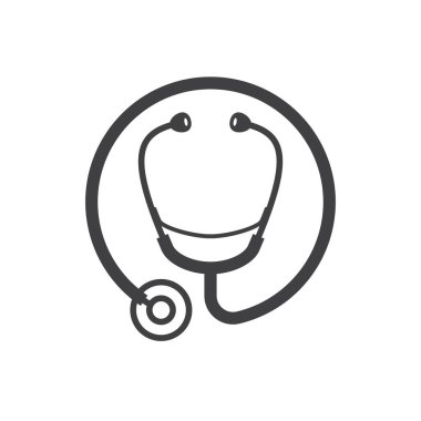 Vector circular black stethoscope silhouette icon. Isolated on white background.