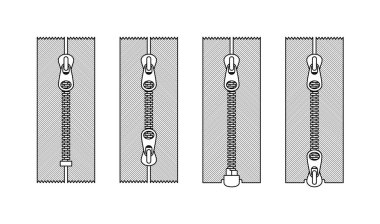Vector set of different types of zippers by design. Isolated on white background