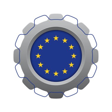 Vector stylized gear wheel in the middle with the flag of the EU. Isolated on white background.