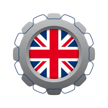 Vector stylized gear wheel in the middle with the English flag. Isolated on white background.