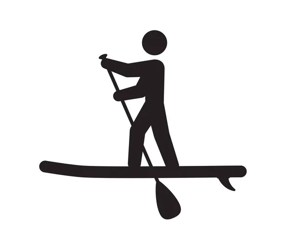 Vector black silhouette of a character riding a paddleboarding. Isolated on white background.
