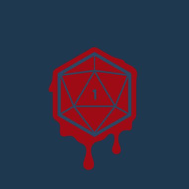 20 kenarlı zar ve bir damla kan. Masa Oyunları. Mavi arkaplan.