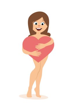 Çizgi filmlerdeki gibi kocaman bir kalp taşıyan sevimli genç bir kız. Beyaz arkaplanda izole.