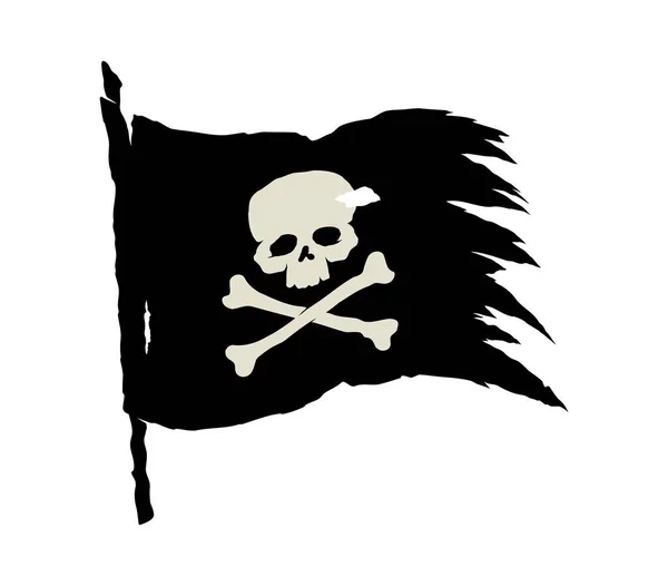Vector Zwarte Gescheurde Piratenvlag Met Schedel Kruisbeenderen Symbool Geïsoleerd Witte — Stockvector