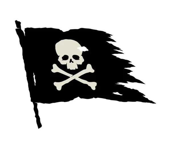 Vector Bandera Pirata Hecha Jirones Negro Con Cráneo Símbolo Huesos — Vector de stock