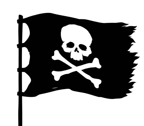 Vector Golvende Zwarte Gescheurde Piratenvlag Met Schedel Kruisbeenderen Symbool Geïsoleerd — Stockvector