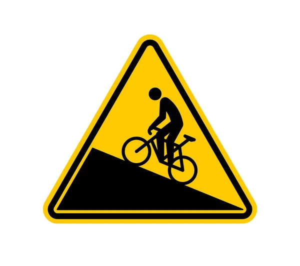矢量黄色三角形爬坡标志 骑着自行车上山的人的轮廓 因白人背景而被隔离 — 图库矢量图片