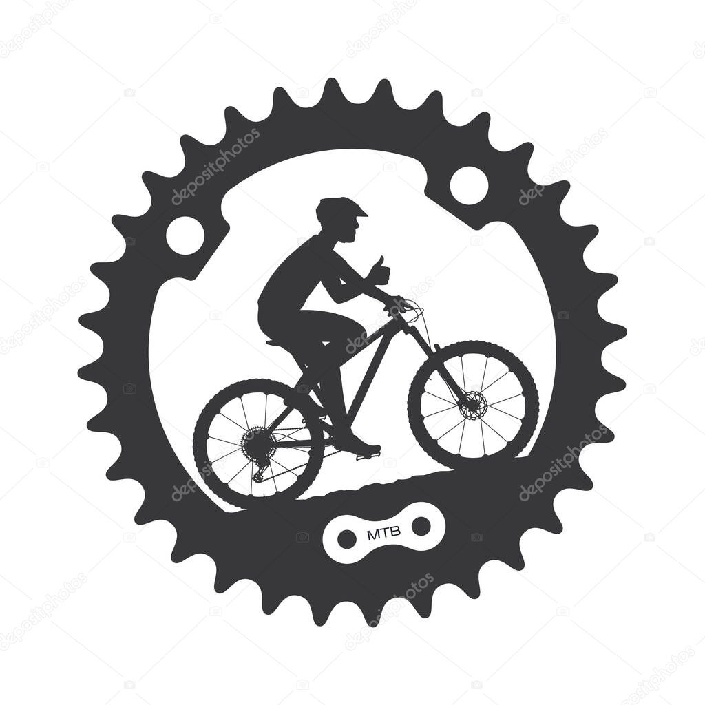 Vector bicycle gear inside silhouette of a cyclist riding a bicycle showing OK gesture. Isolated on white background.