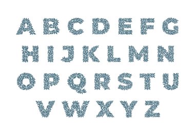 Yapraklardan oluşan alfabenin vektör karakterleri. Beyaz arkaplanda izole.