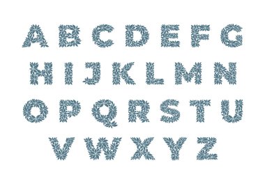 Yapraklardan oluşan alfabenin vektör karakterleri. Beyaz arkaplanda izole.