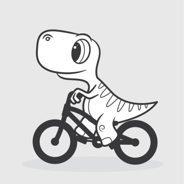 Motosikletli bir dinozorun siyah-beyaz komik görüntüsü. Beyaz arkaplanda izole