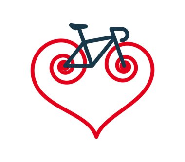 Basit bir yol bisikleti silueti. Tekerleklerin birleştiği yerde kırmızı bir kalp oluşur. Beyaz arkaplanda izole.