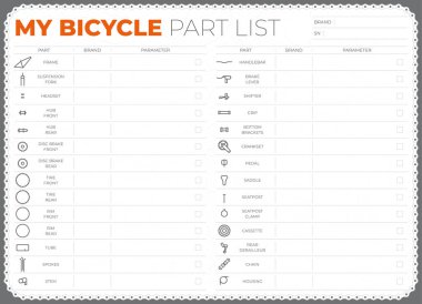 Bisiklet oluşturan parçaların vektör listesi