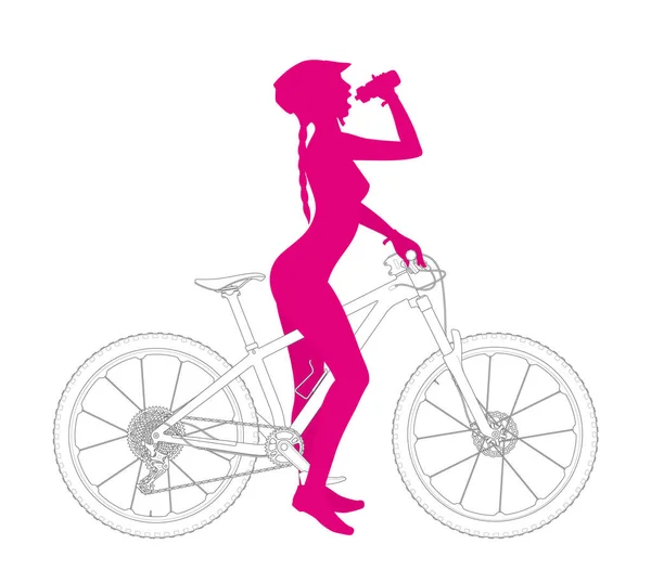 Vector Silhouette Girl Drinking Water Bottle Standing Mountain Bike Isolated — Stock Vector