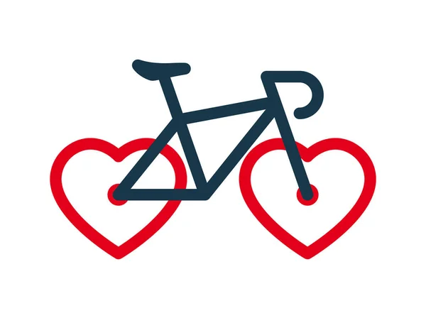 Tekerleklerin Kırmızı Kalpler Oluşturduğu Basit Bir Yol Bisikleti Silueti Beyaz — Stok Vektör