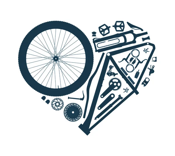 Bisikletin Bireysel Parçaları Tarafından Oluşturulan Taşıyıcı Kalp Beyaz Arkaplanda Izole — Stok Vektör