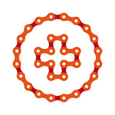 Bisiklet zincirinin parçalarından oluşan bir çarkta vektör kırmızı haçı. Beyaz arkaplanda izole