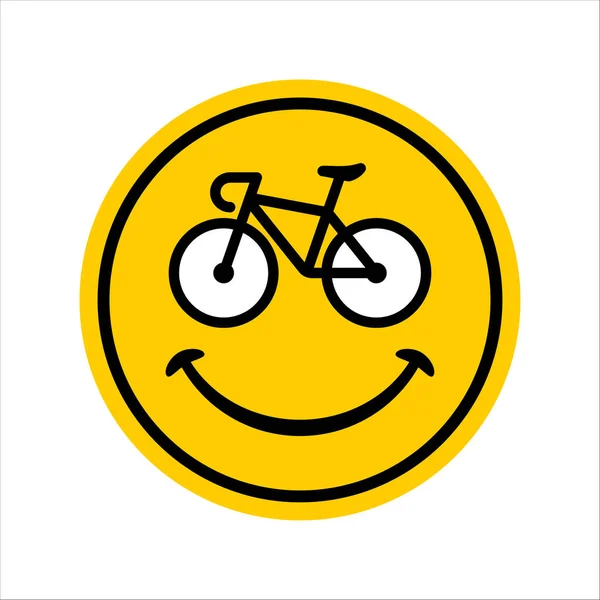 Emoticon Feliz Amarelo Vetor Com Símbolo Bicicleta Formando Olhos Isolado — Vetor de Stock